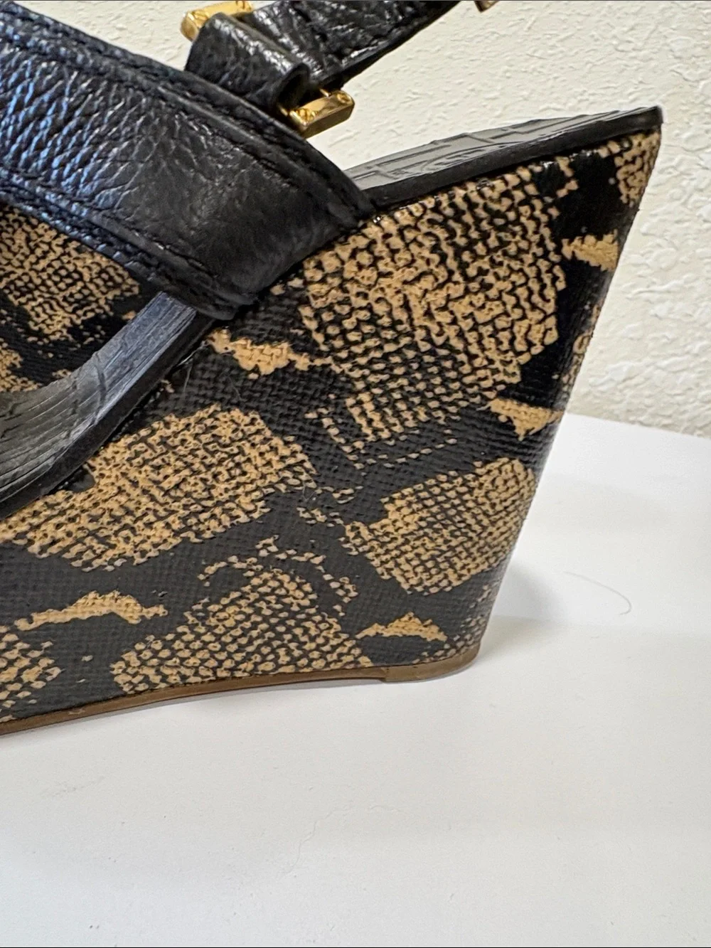 Tory Burch Black and Tan Snake-Print Platform Wedge Sandals with Gold Buckles